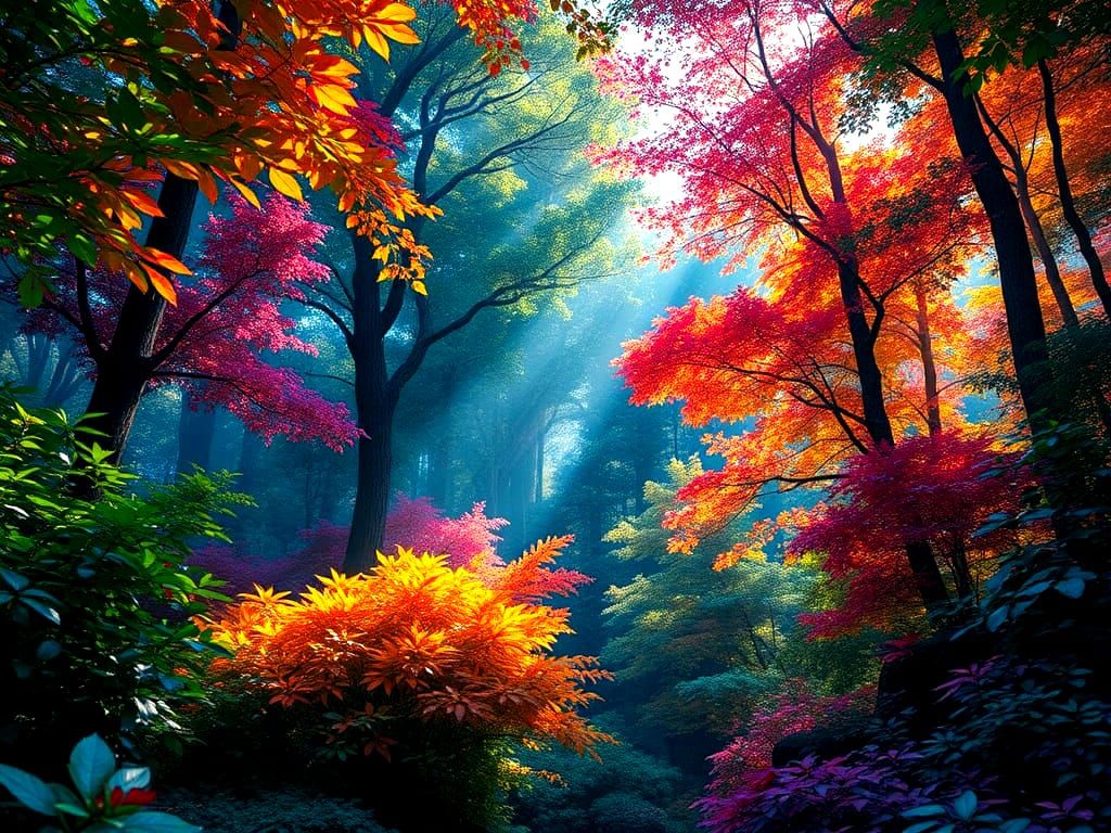 Vibrant Whimsical Forest Landscape in Iridescent Colors