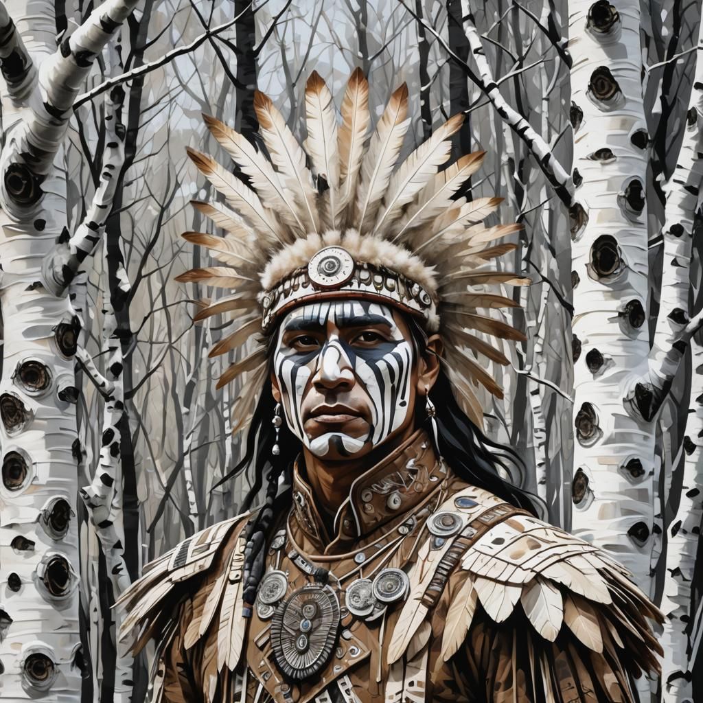 Native-American Warrior in Birch Forest, Splash Art Style