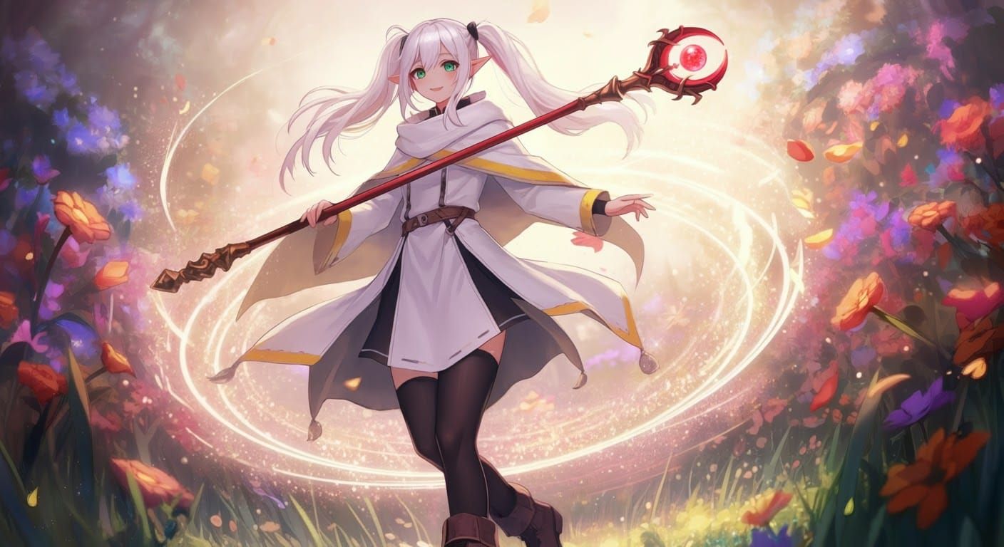 Enchanting Elf in Fluorescent Flowery Meadow