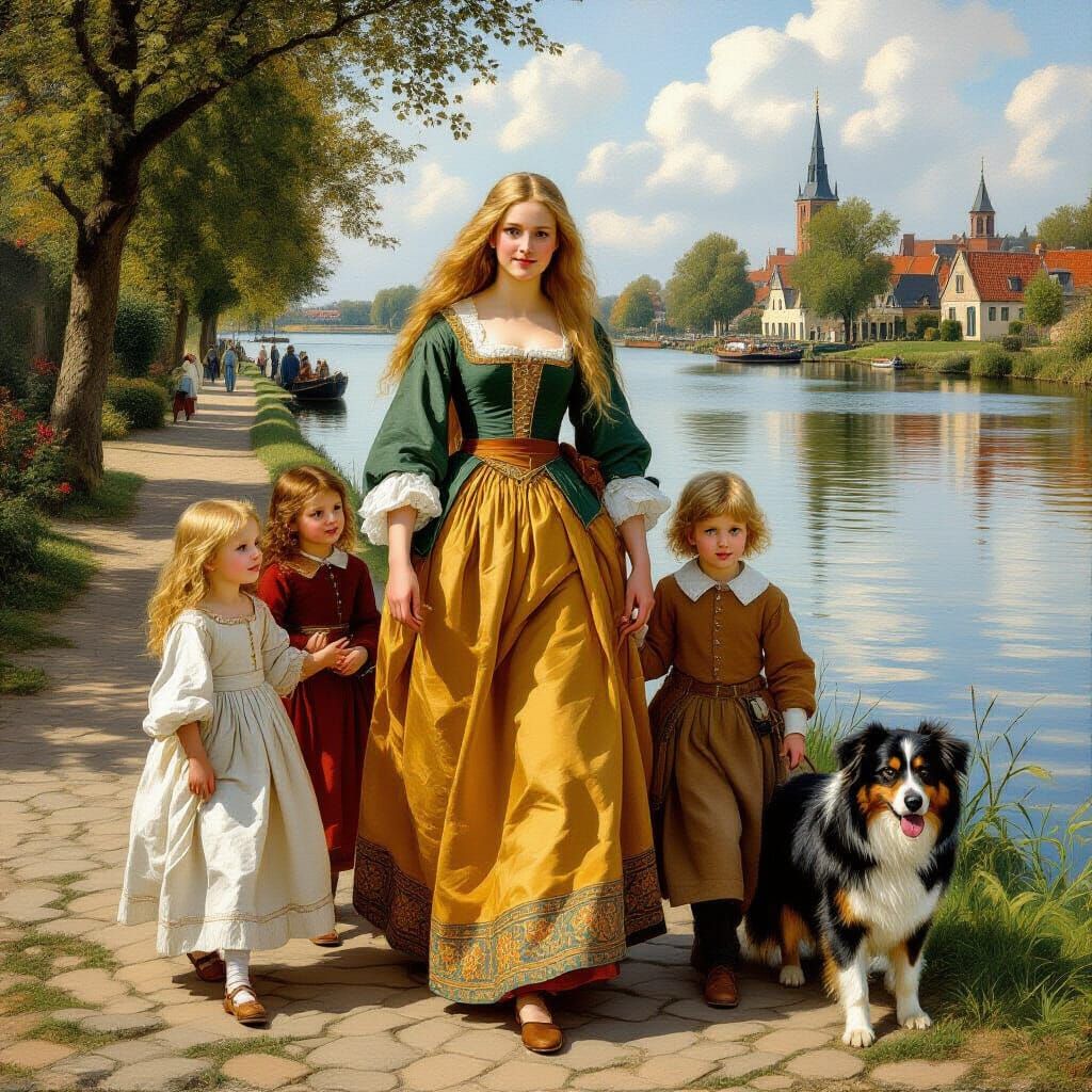 Medieval Noblewoman with Children by a Lake, Vermeer Style
