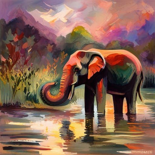 Elephant in Lake as Gouache Watercolor Painting