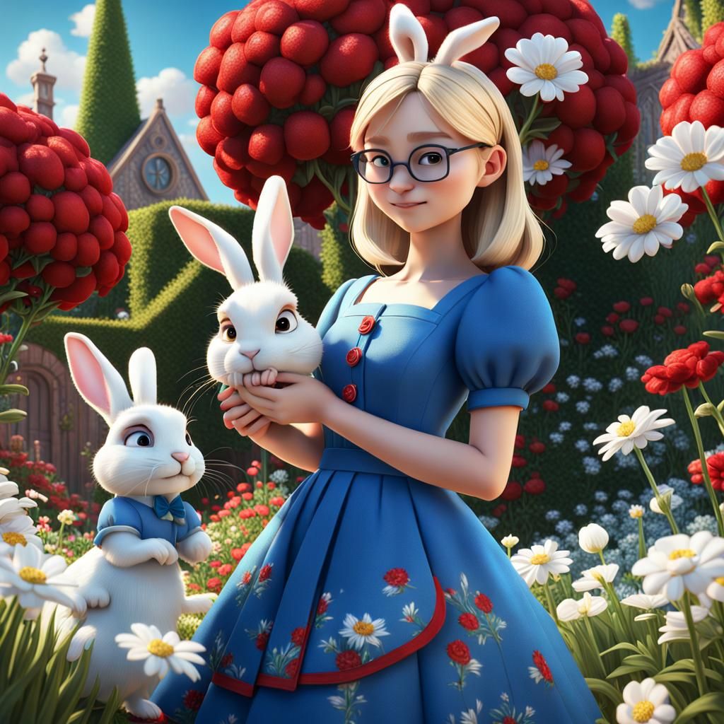 Girl and Rabbit in Garden, 3D Digital Art