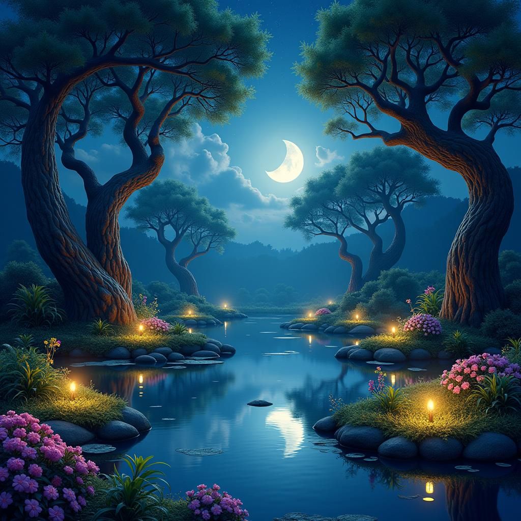 Enchanted Pond at Night: A Digital Landscape