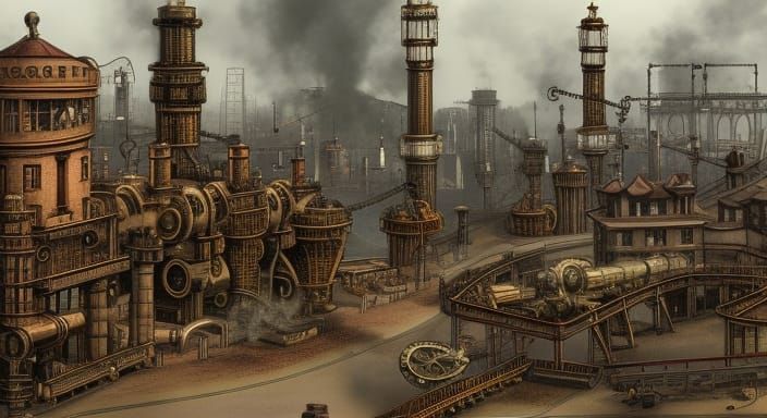 Steampunk Cityscape with Brass Buildings and Gears