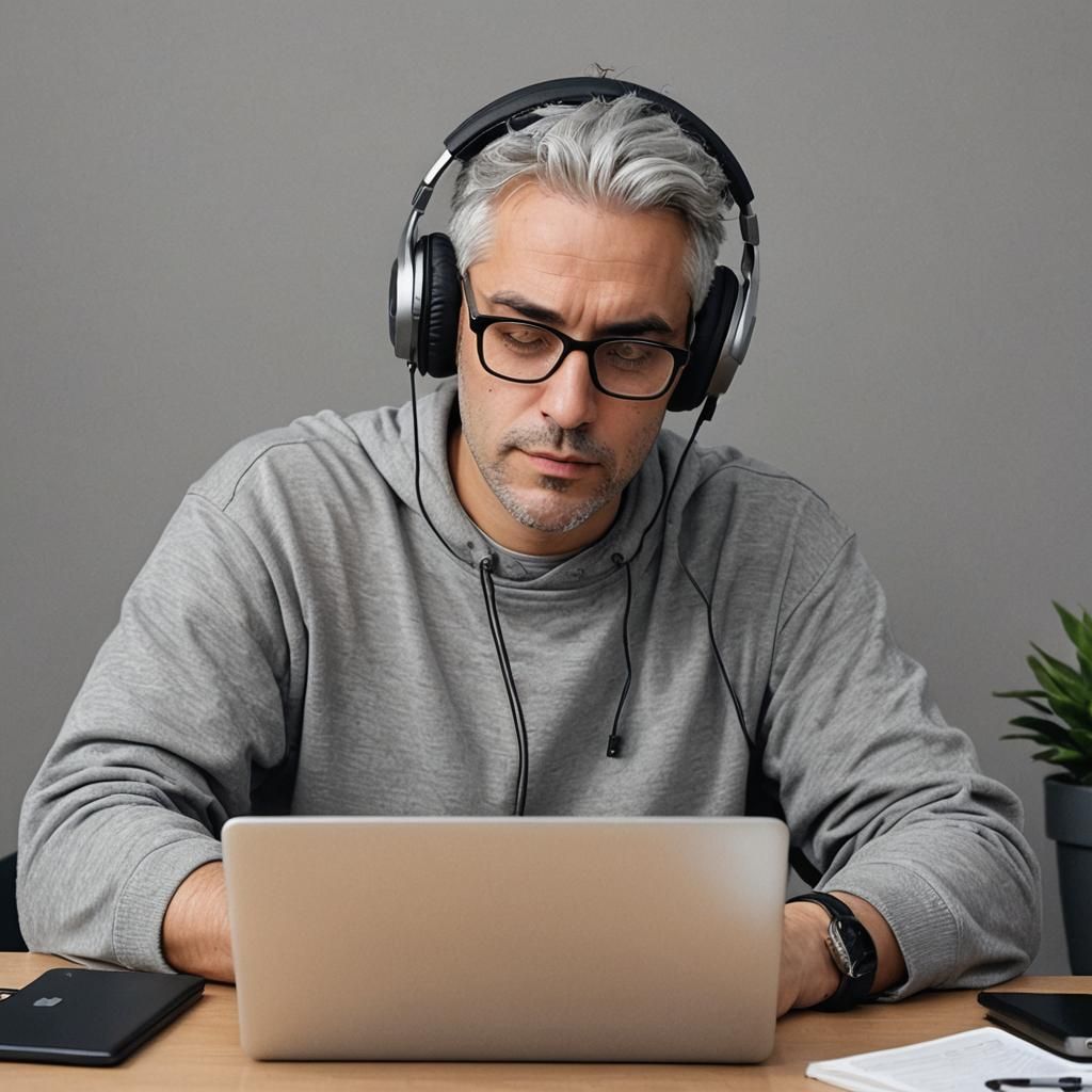 Young Man with Laptop and Headphones: Realistic Portrait