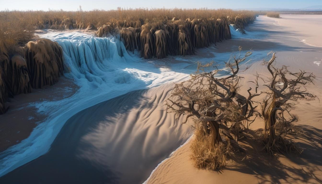 Frozen Waterfall Flows into Desert Landscape