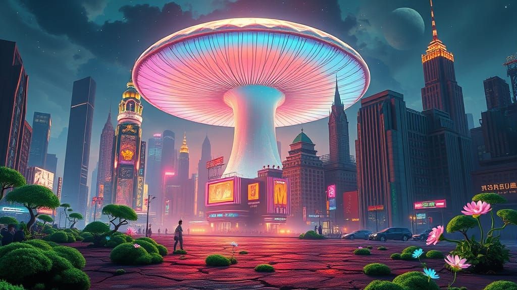 Ethereal Bioluminescent Mushroom Dominates a Futuristic City...