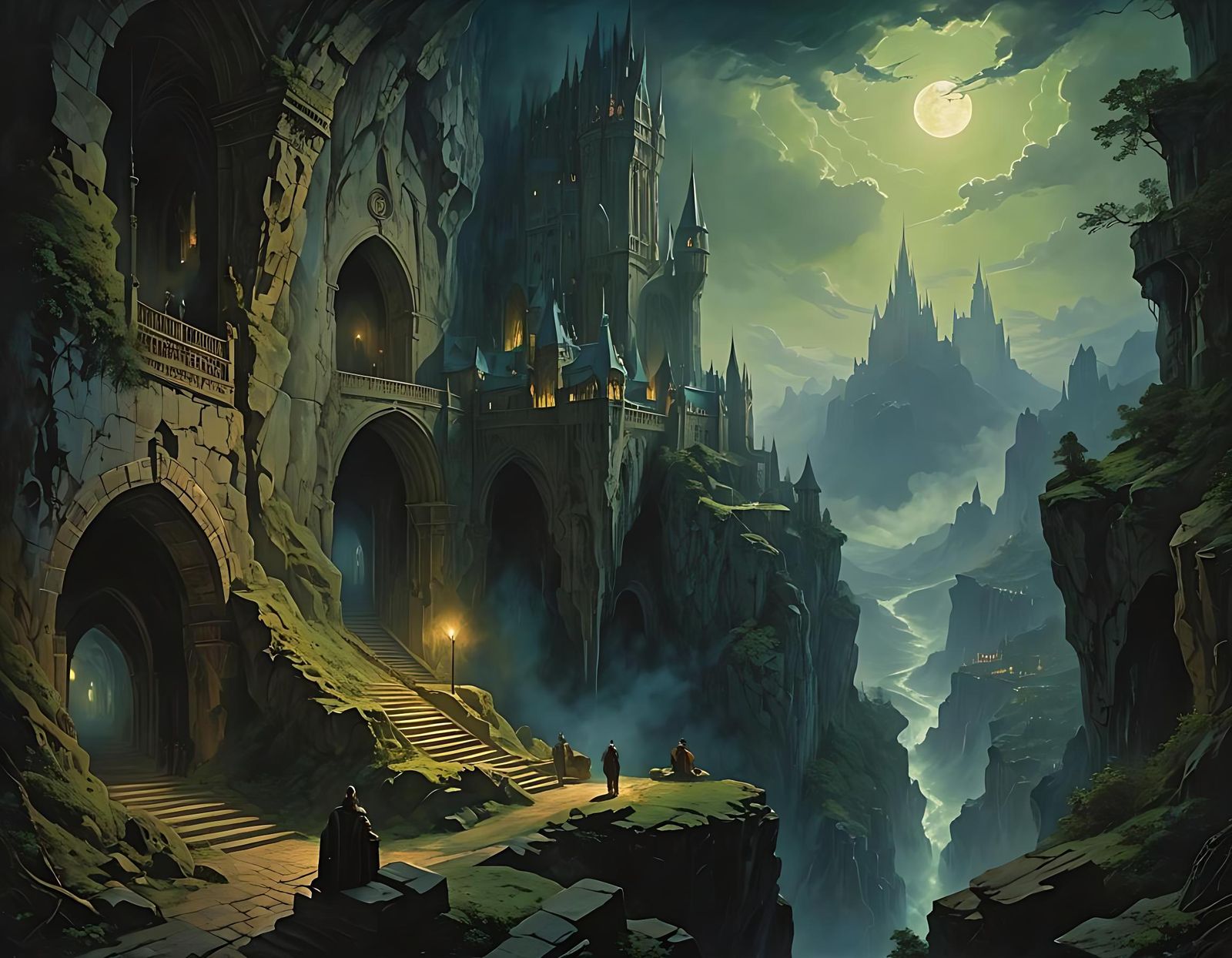 Eerie Cave Leading to Fantasy City, Macabre Art