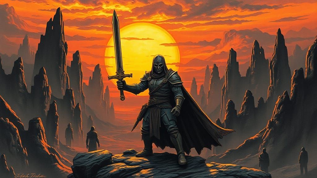 Pixelated Crusader in Dreamlike Apocalyptic Sunset