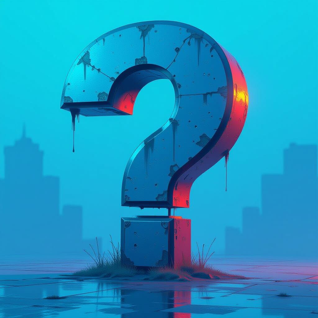 Giant Metallic Question Mark with Futuristic Neon Accents