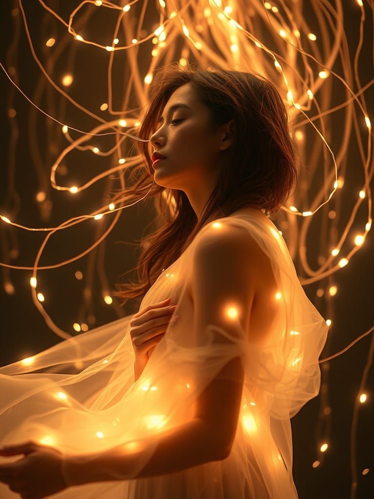 Ethereal Woman Dissolving in Neon Light