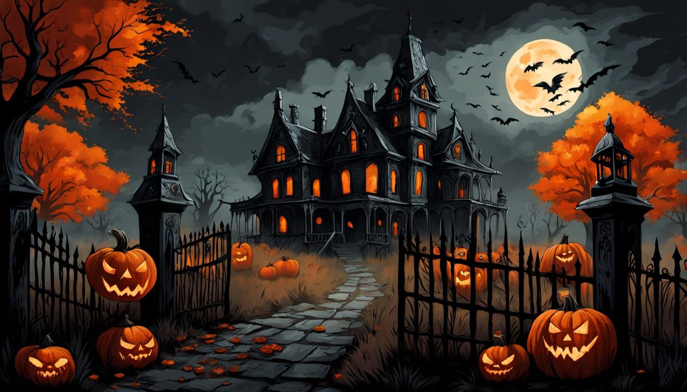 Gothic Haunted Mansion Under Eerie Sky Illustration