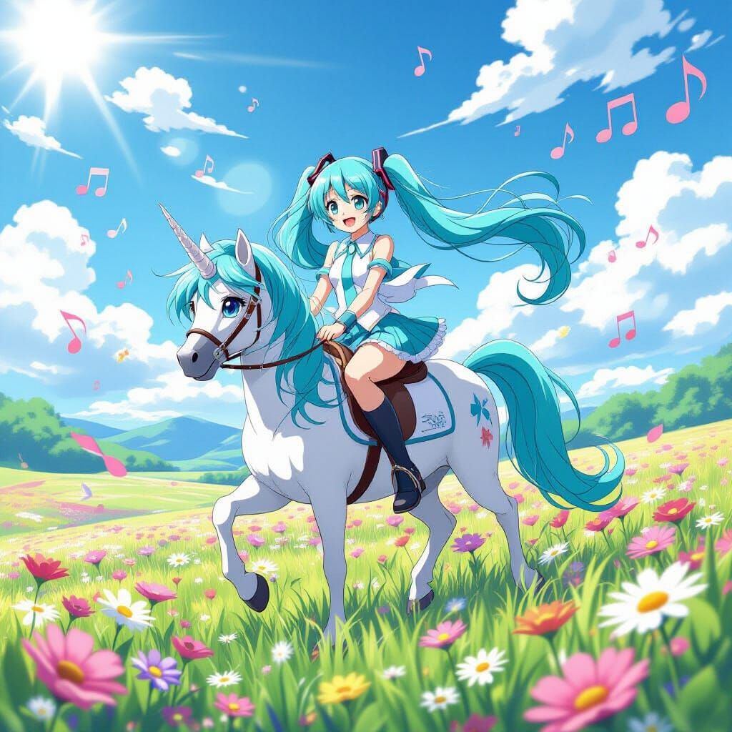 Hatsune Miku Rides a Blue Pony in Candy Meadow