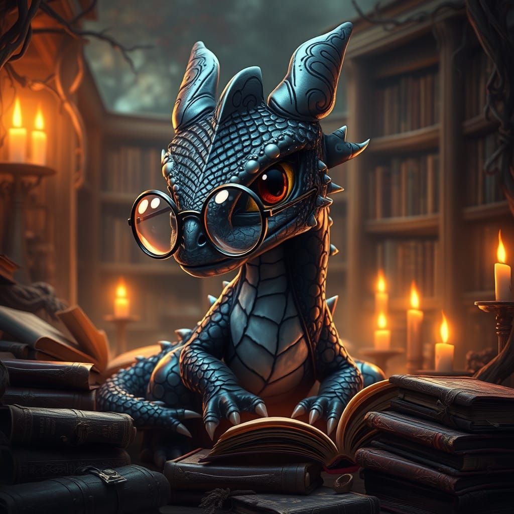 Whimsical Dragon in a Mystical Library