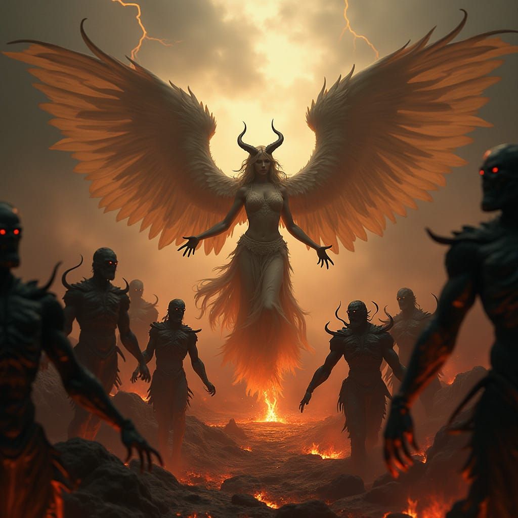 Majestic Female Angel Leads Demonic Procession from Hell