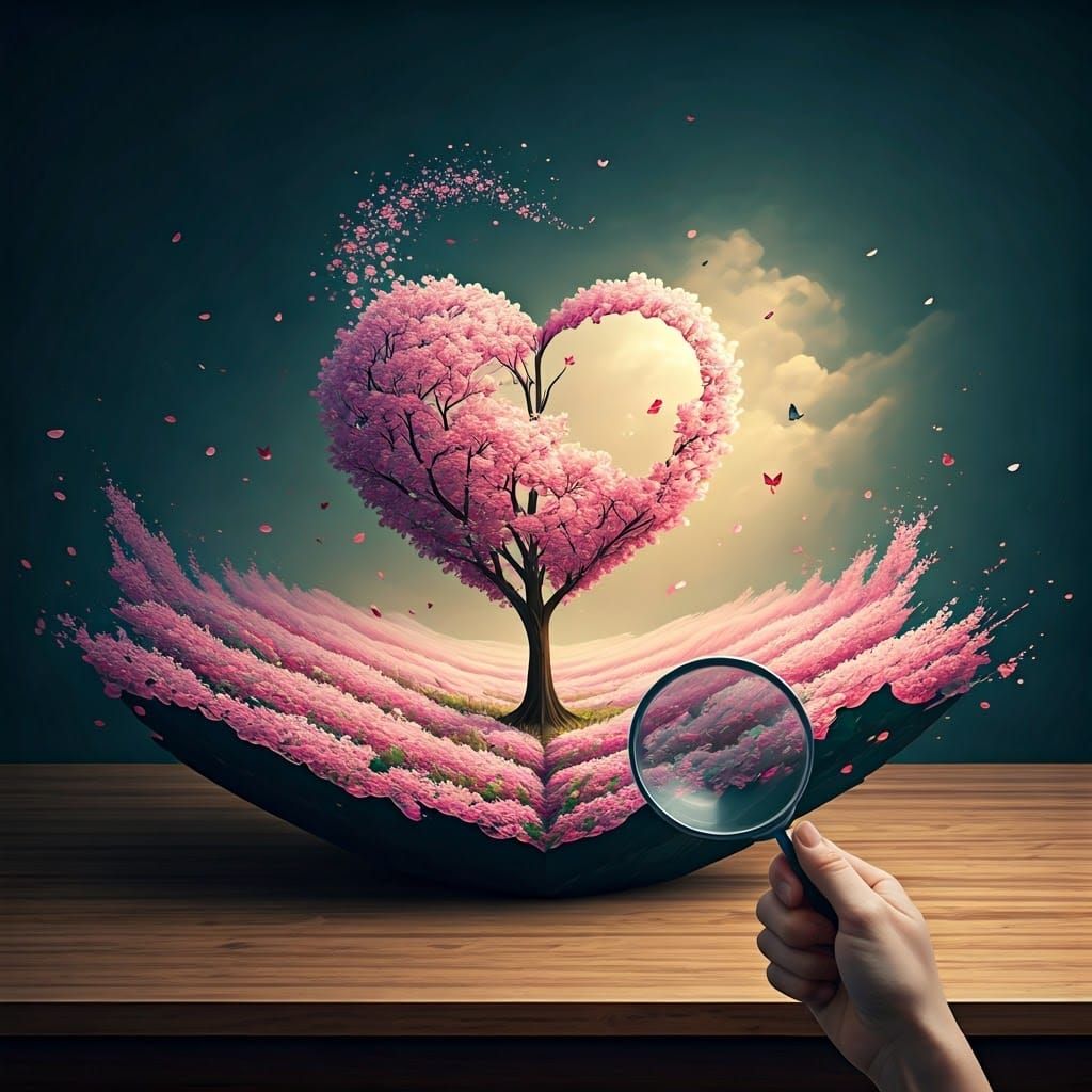 Surreal Cherry Blossom Scene in Vibrant Pink Hues with Heart...