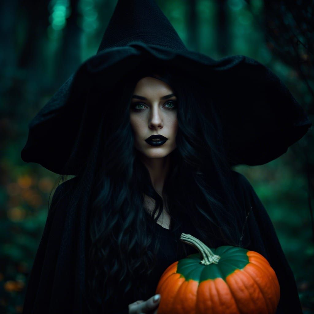 Gorgeous Autumn Witch in Forest at Midnight