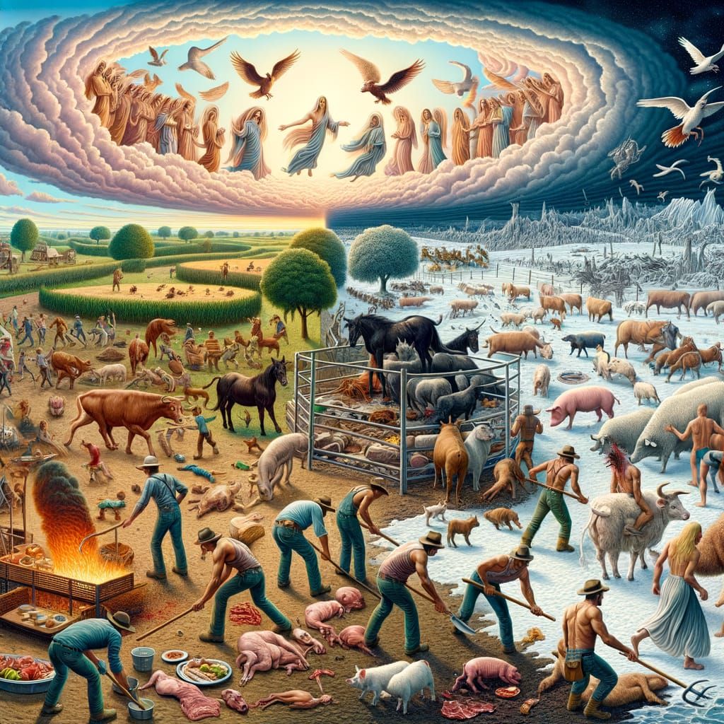 Surreal Countryside Scene of Chaos and Reincarnation in Heav...