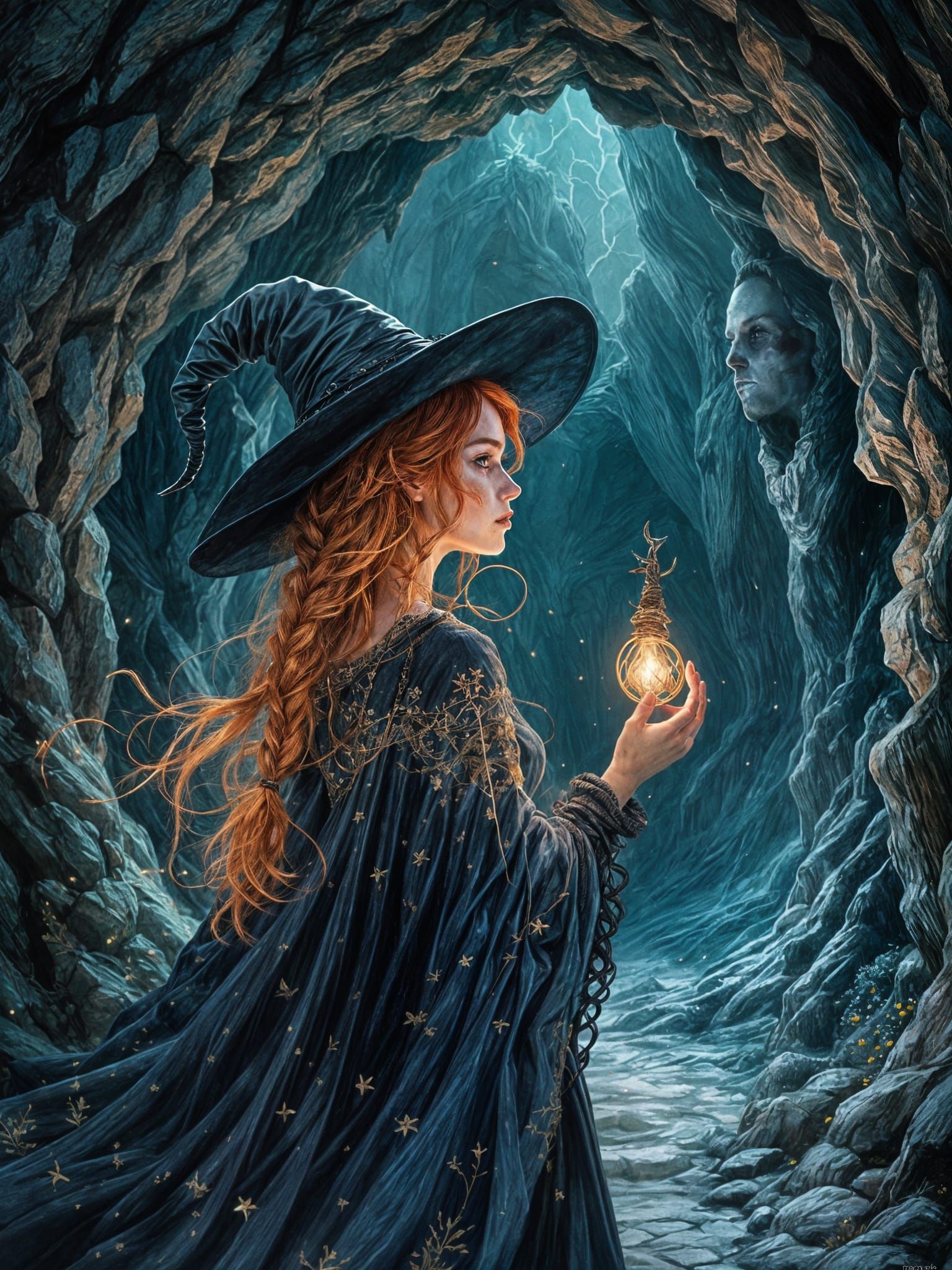 Realistic Dark Fantasy Book Illustration of a Witch in a Sin...