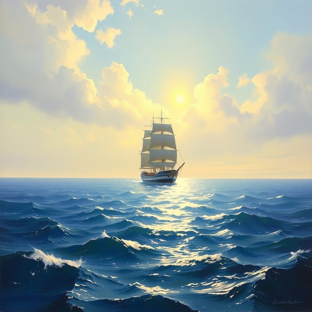 Majestic Ship on Serene Sea: A Romantic Seascape
