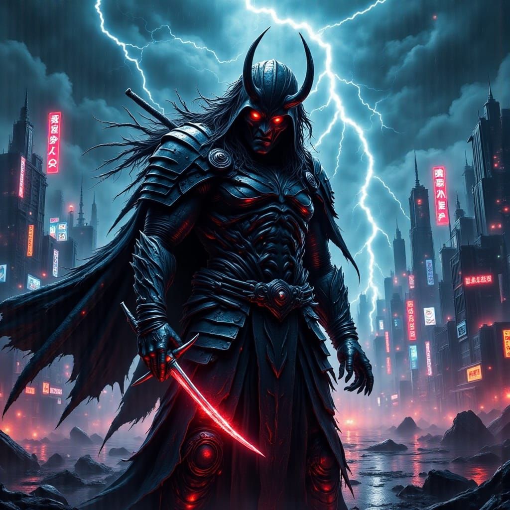 Cyberpunk Samurai Warrior in Neon City