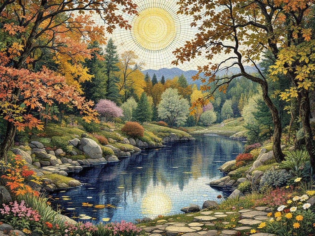 Autumn Woodland Landscape in Mosaic Art Nouveau Style