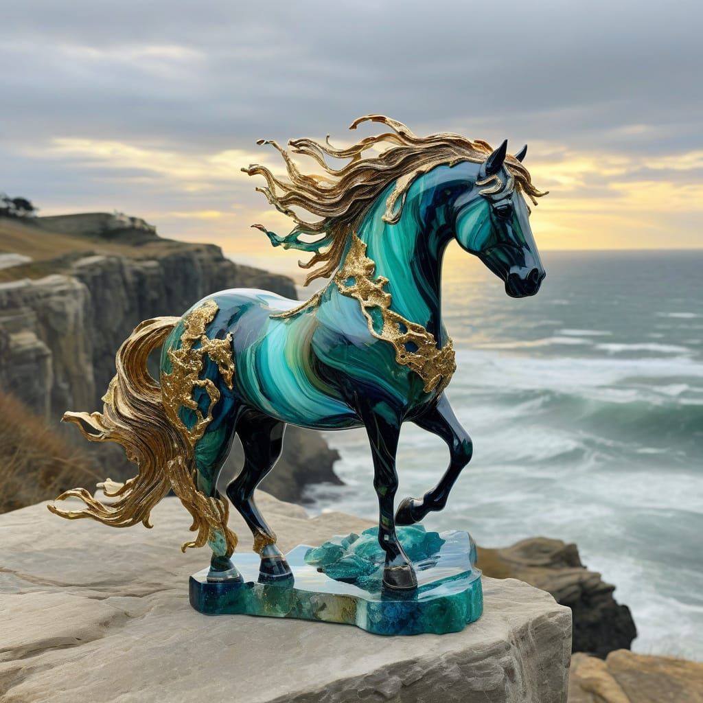 Dynamic Horse on Windy Cliff in Glasswork Style