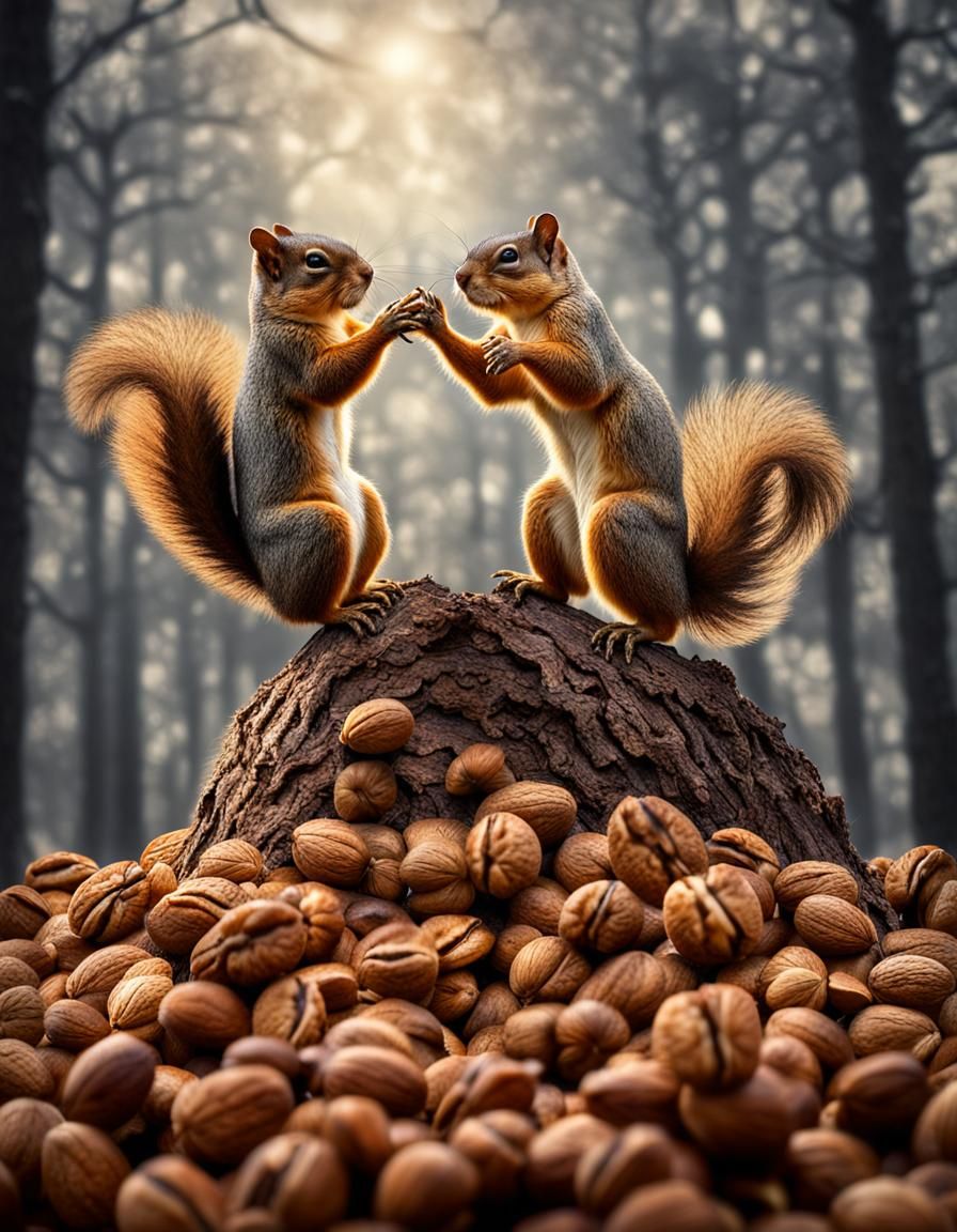 Squirrel High Five on Walnut Heap, Hyperrealistic