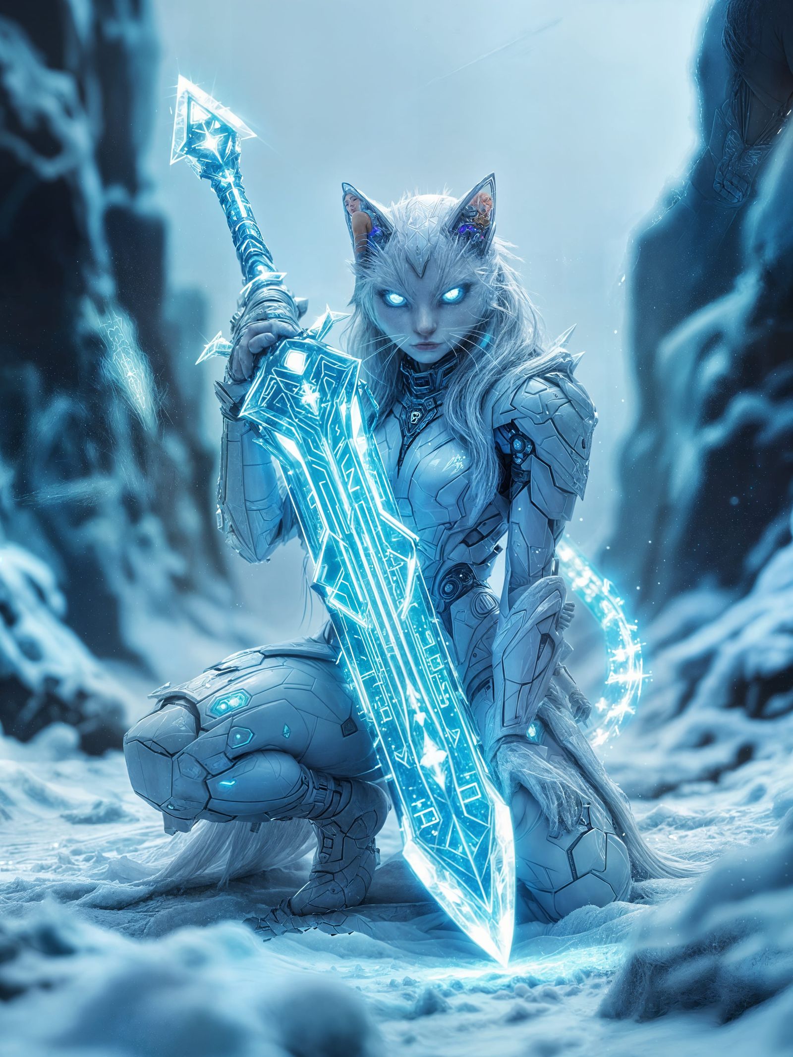 Cyberpunk Neko Cat-Girl with Runic Sword