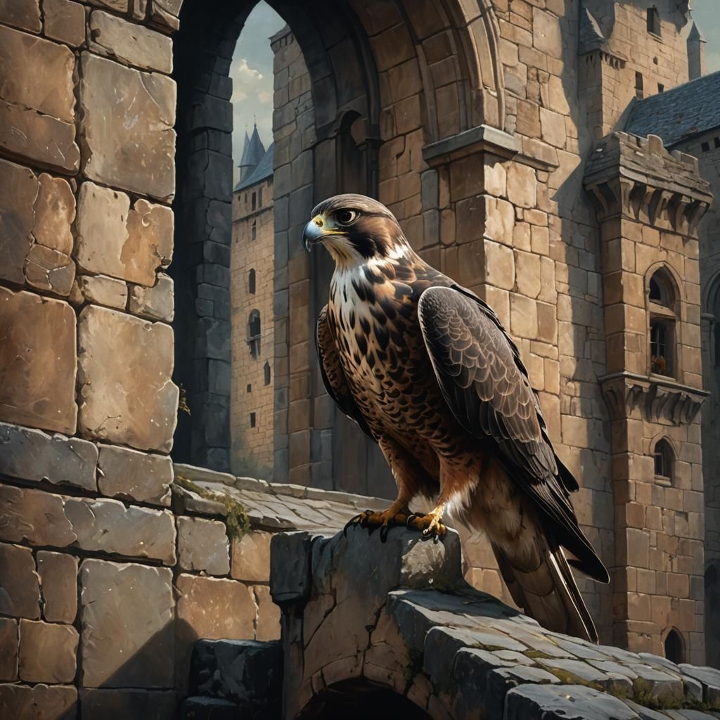 Falcon on Castle Windowsill in Moody Oil Painting
