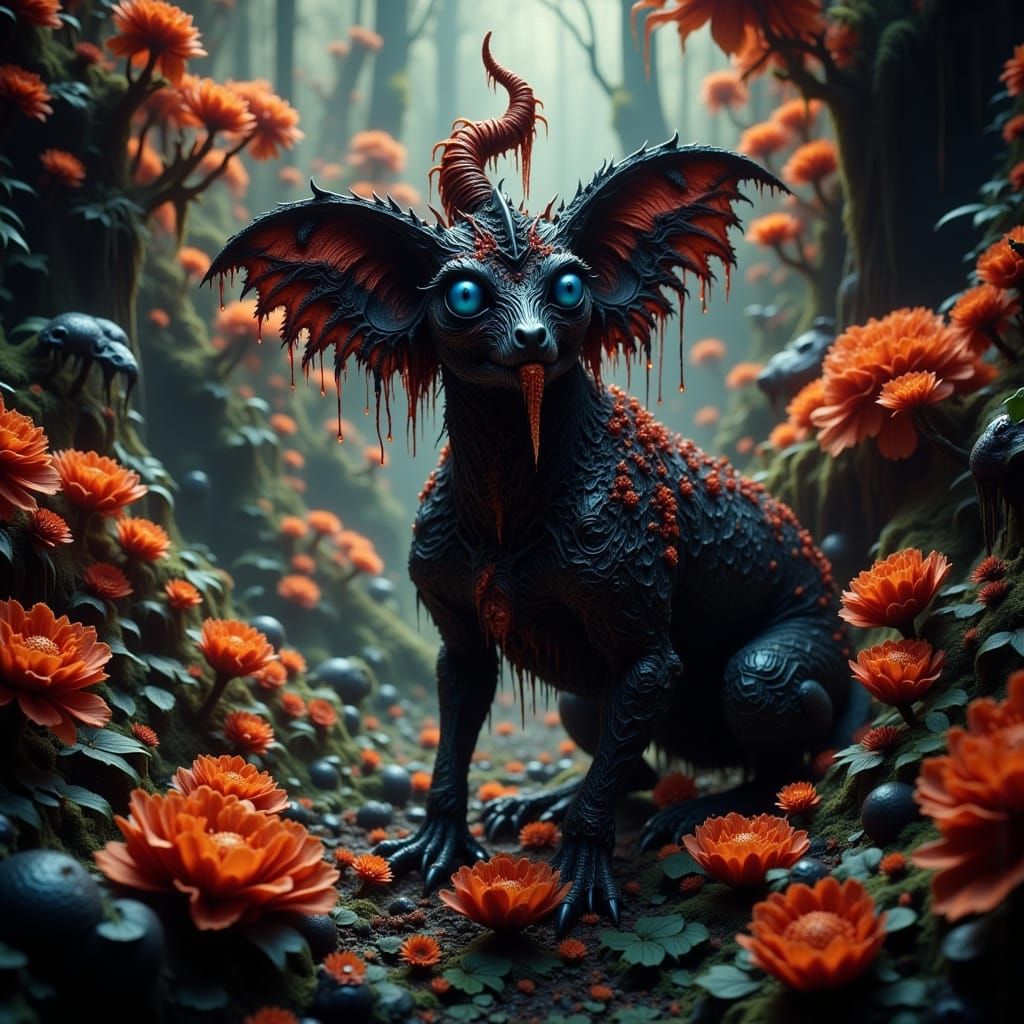 Surreal Manticore in Dark Botanical Paradise