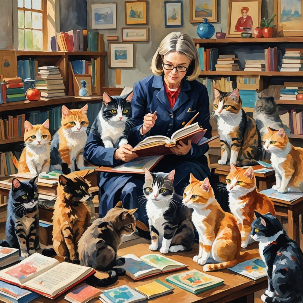 Teacher Cat and Students Discover Pop-Up Book in Gouache Sty...