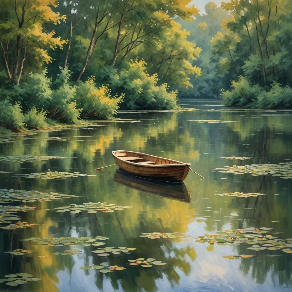 Impressionistic Boat Drifts on Peaceful Lake