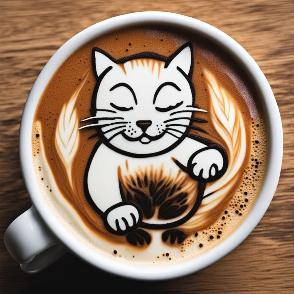 Funny Latte Art of Cat Cleaning Itself