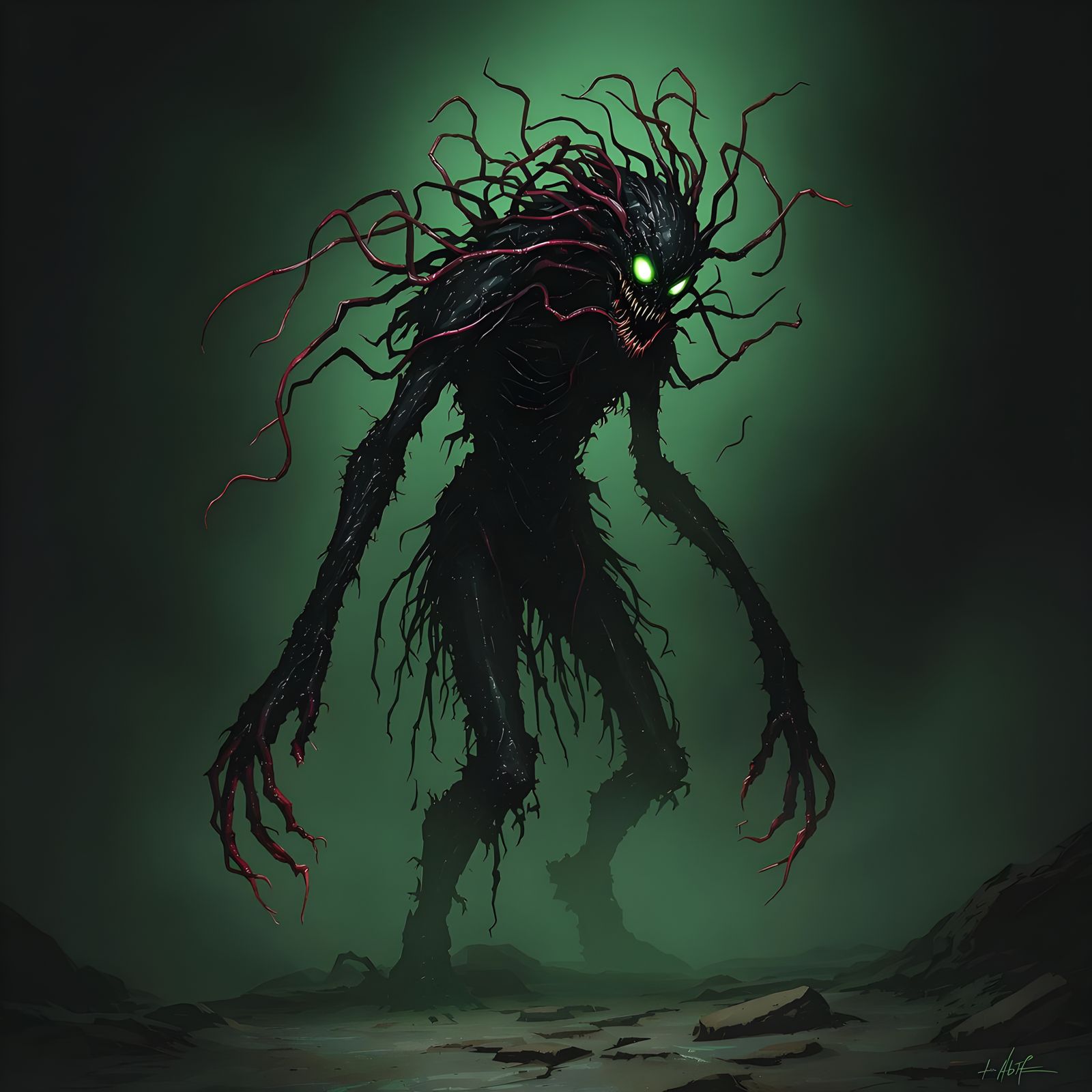 Biomechanical Horror Figure in Dark, Eerie Atmosphere