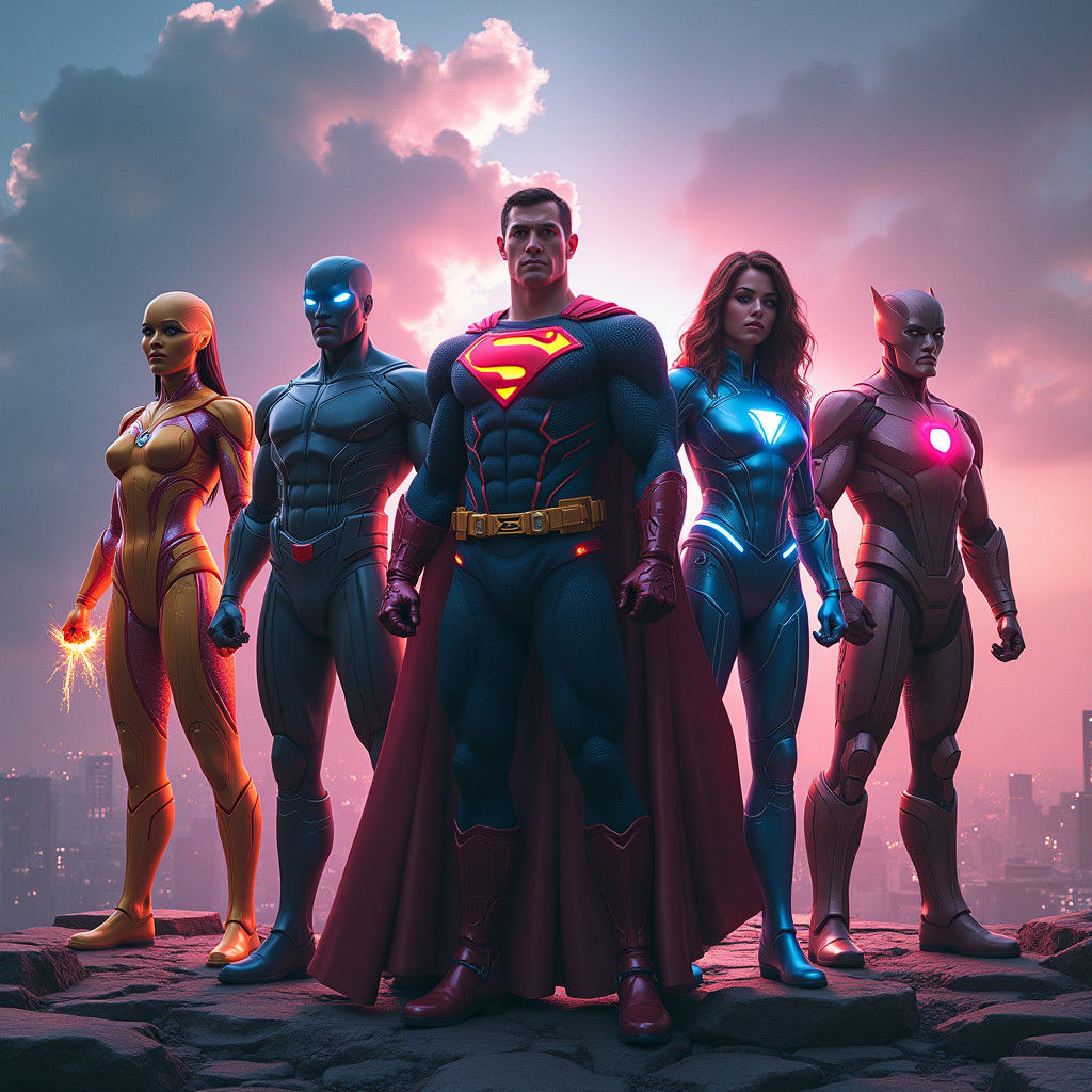 Epic Superhero Mashup on Futuristic City Rooftop