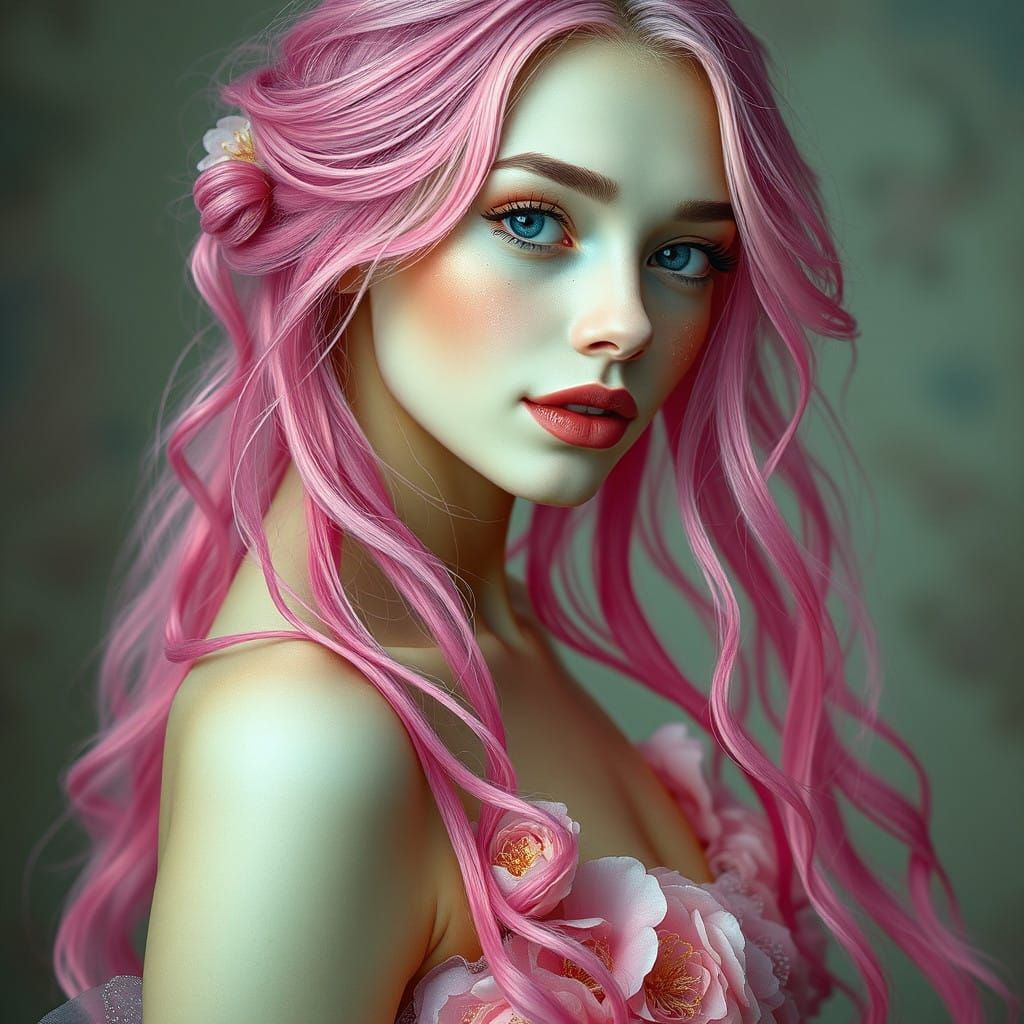 Ethereal Goddess in Rose Petal Dress with Shimmery Pink Hair...