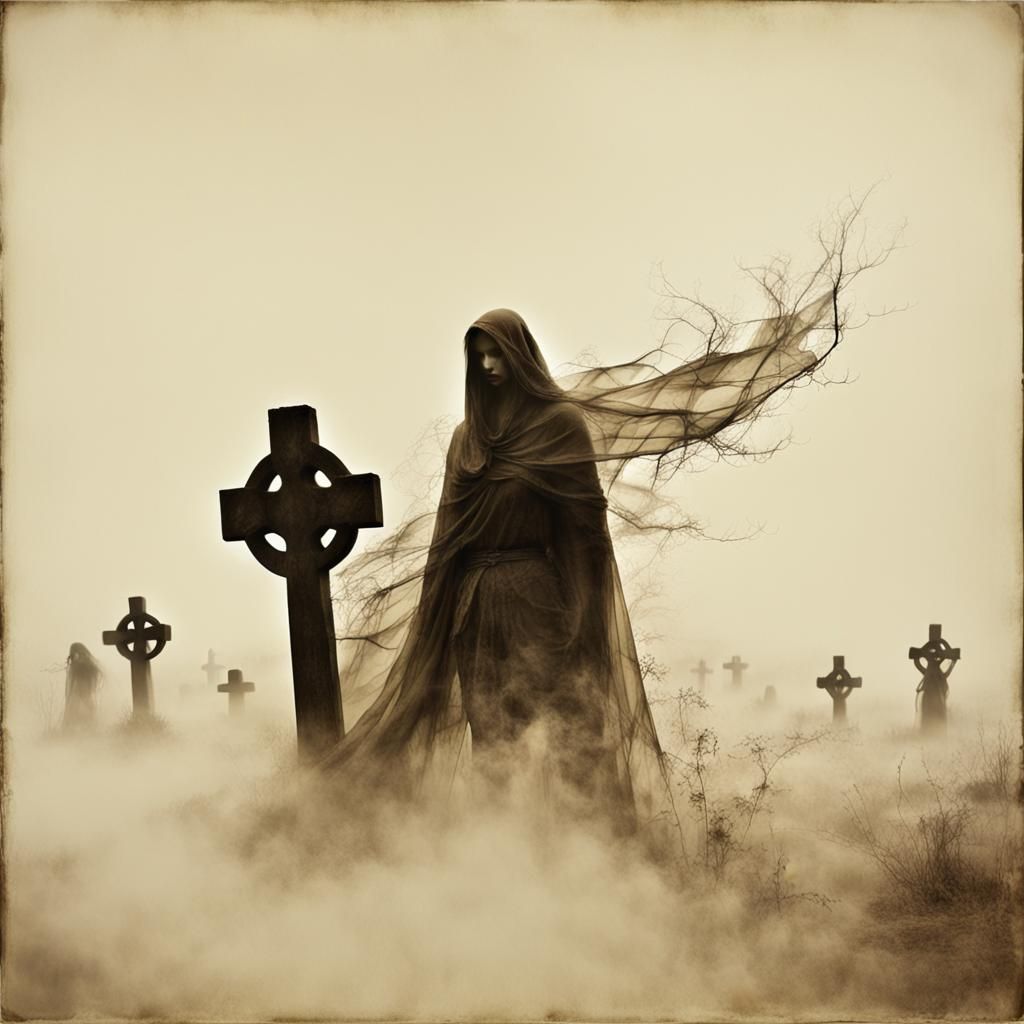 Ethereal Banshee in Mist with Celtic Crosses