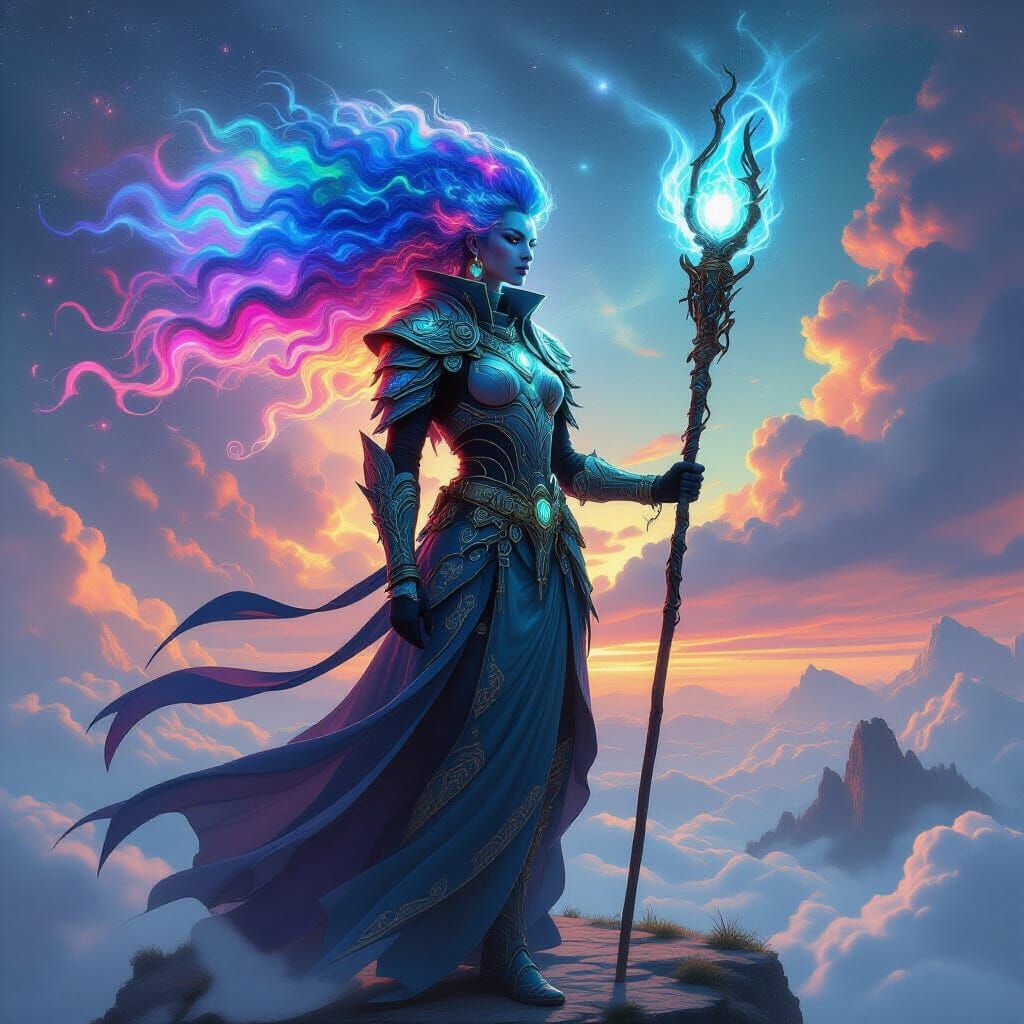Nebula-Haired Warrior on Floating Island