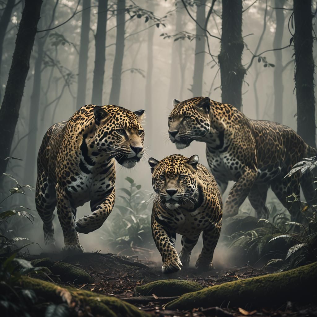 Jaguars Clash in Misty Forest, Cinematic Still