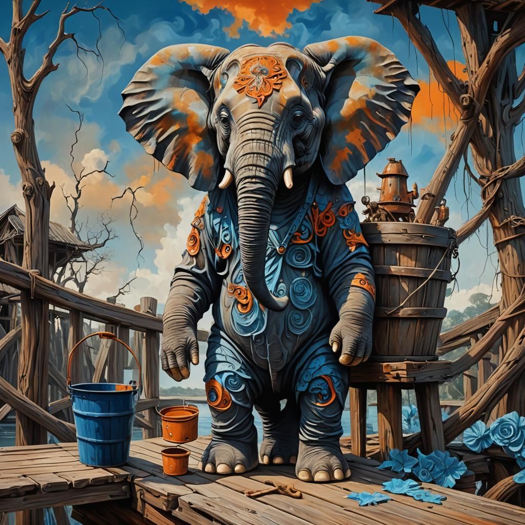 An intensely emotive anthropomorphic screaming elephant wear...