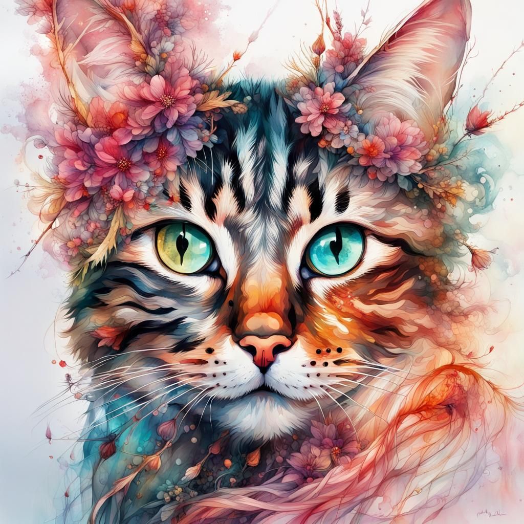 Christmas Cats in Double Exposure Watercolor Art