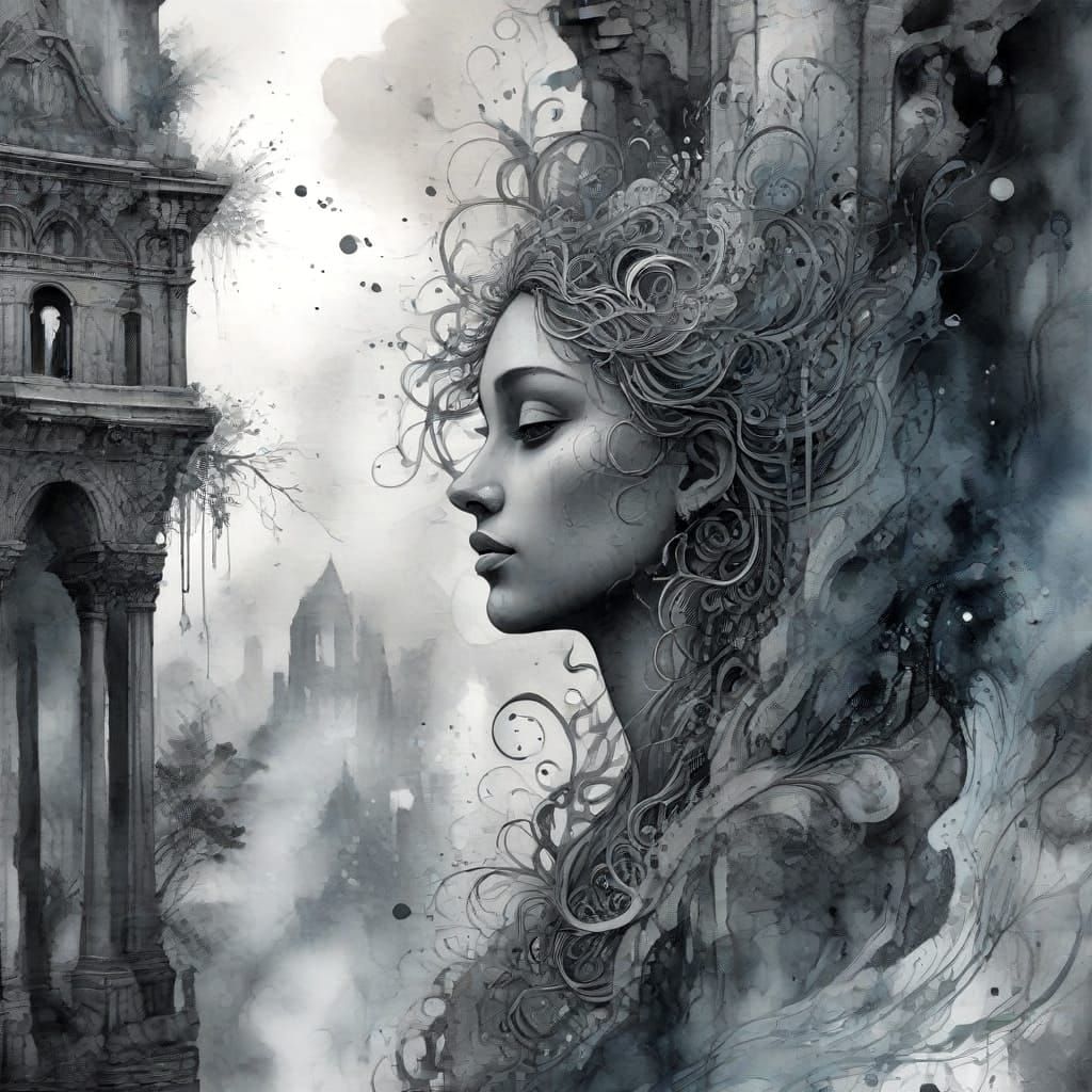 Ethereal Ruins with Phantom Inhabitants as Watercolor Art