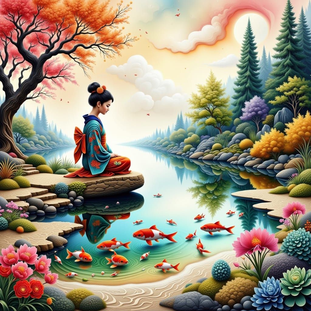 Serene Japanese zen garden and water garden