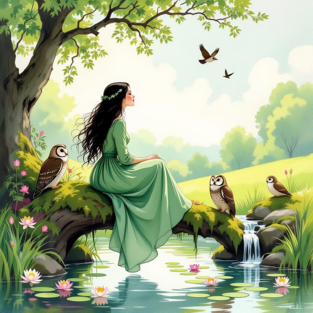 Woman on Branch with Owl in Watercolor Style