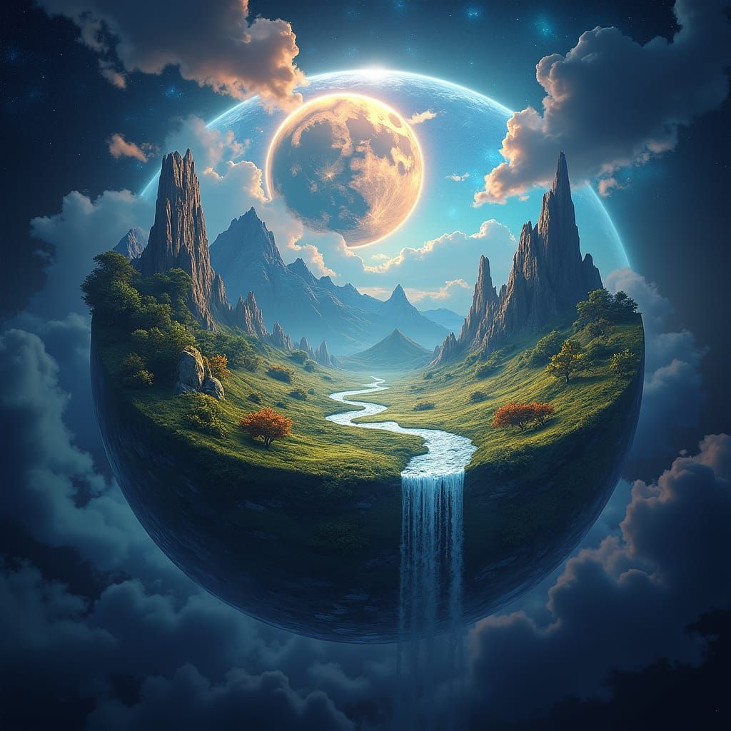 Flat Earth Meets Moon in Dreamlike Fantasy Art