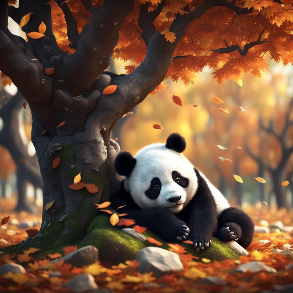 Panda's Autumn Nap: Detailed Matte Painting