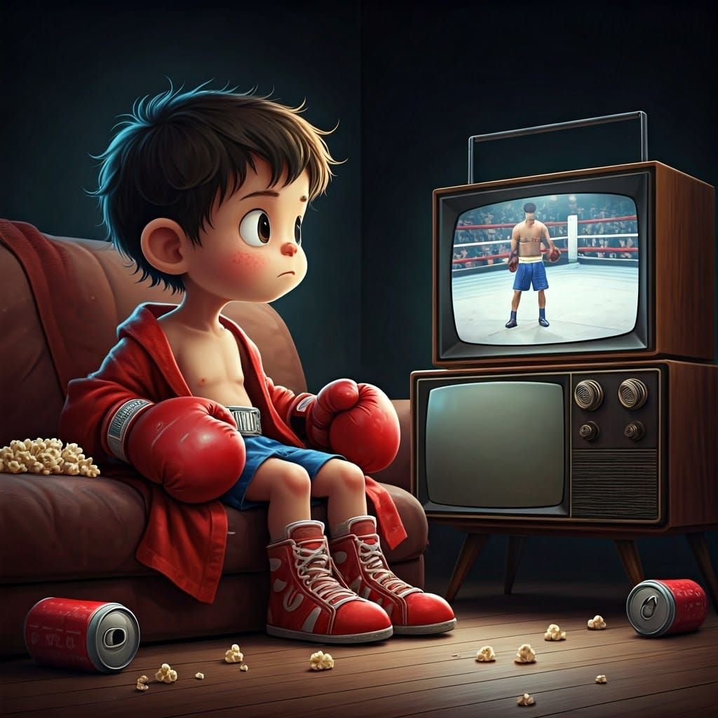 Whimsical Kid Watches Boxing Match on TV