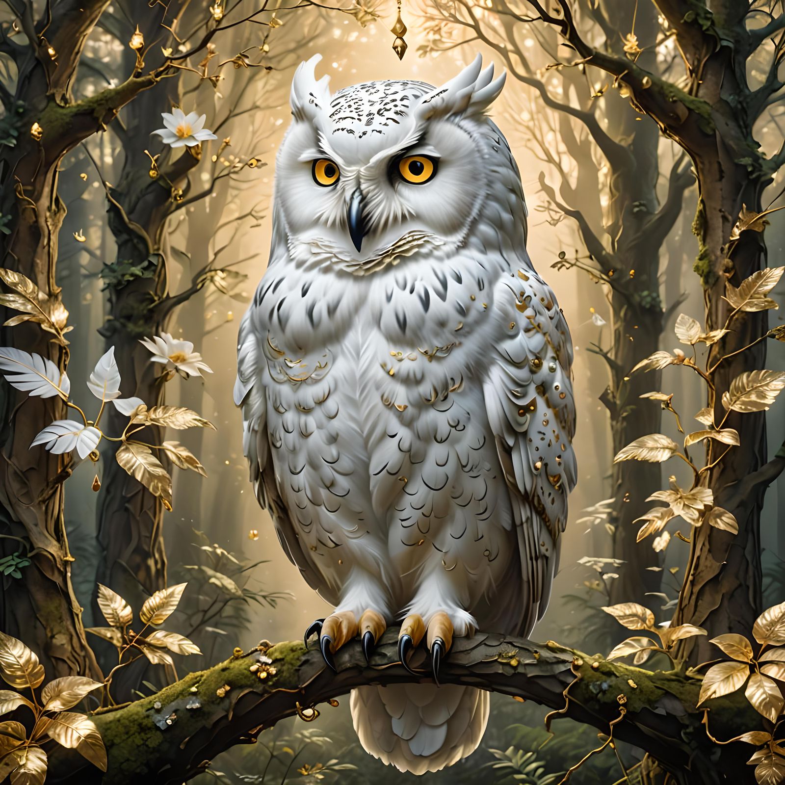Golden-Jeweled Owl in Ethereal Forest