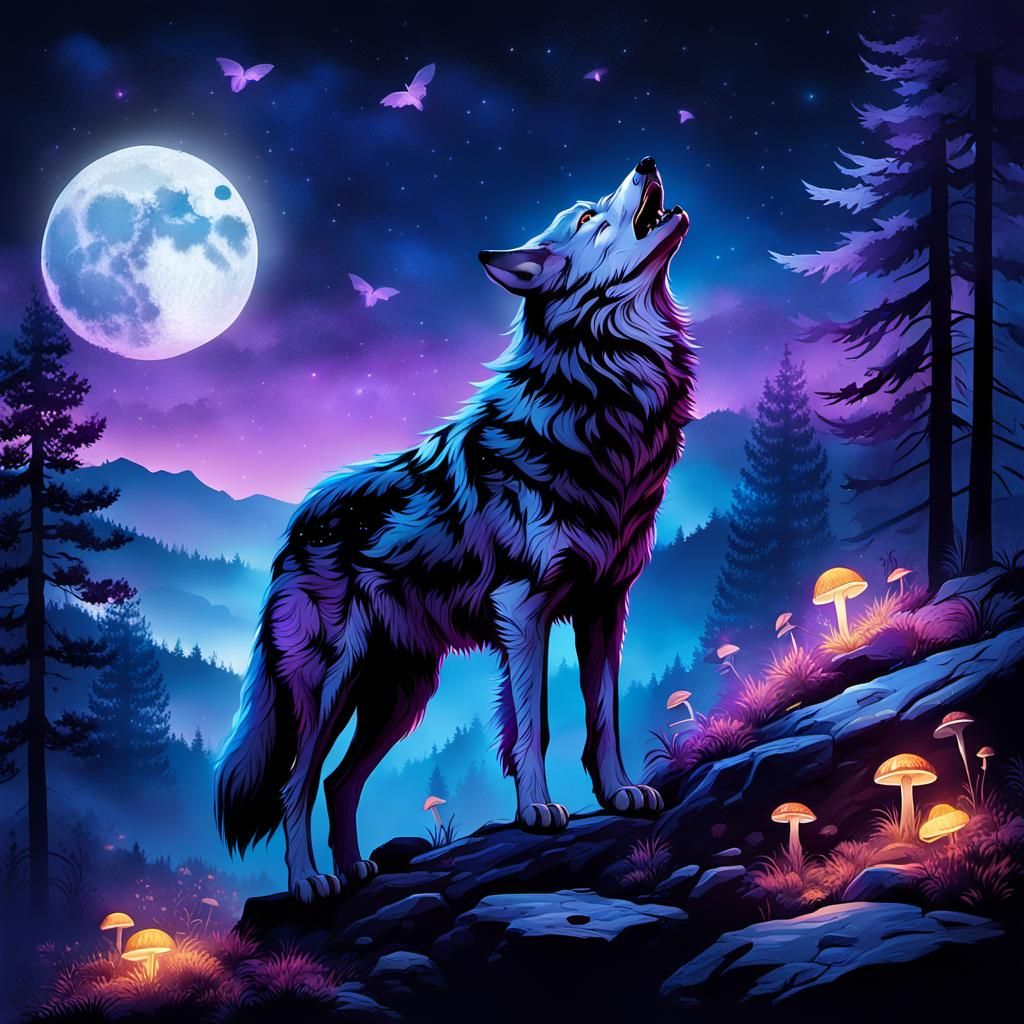 Moonlit Wolf howls in a mystical fantasy landscape under sta...